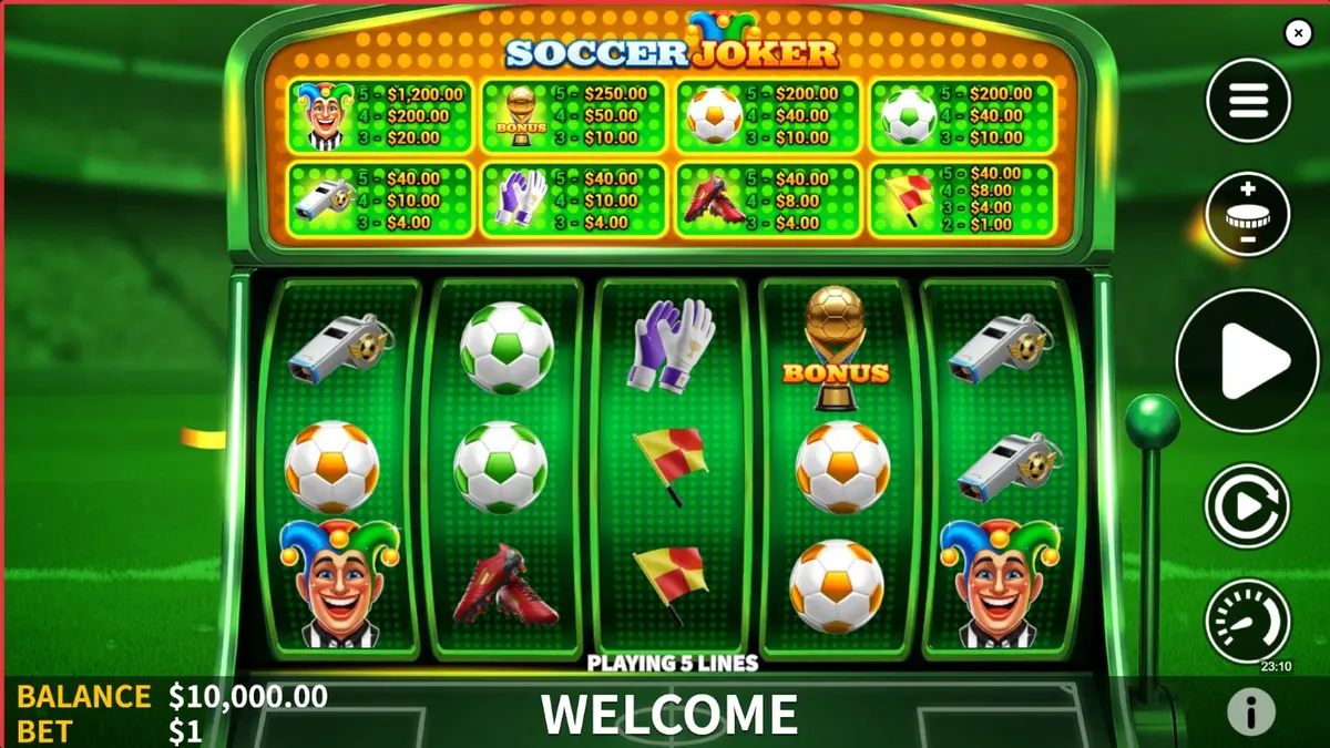 Ang Soccer Joker slot game na nagpapakita ng makulay na stadium backdrop at mga simbolo ng soccer at joker.