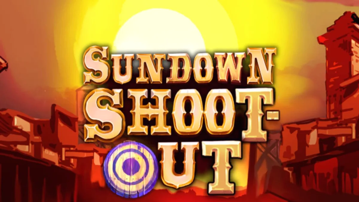 Screenshot ng Sundown Shootout slot game na nagpapakita ng Wild West theme na may mga simbolo ng baril at bulaklak.